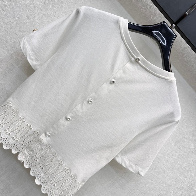 LV T-SHIRT WITH LACE-TRIMMED HEM