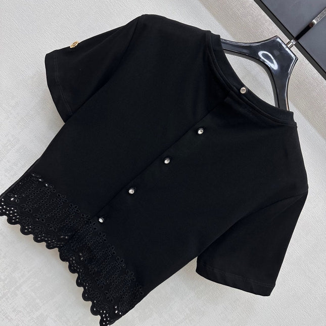 LV T-SHIRT WITH LACE-TRIMMED HEM