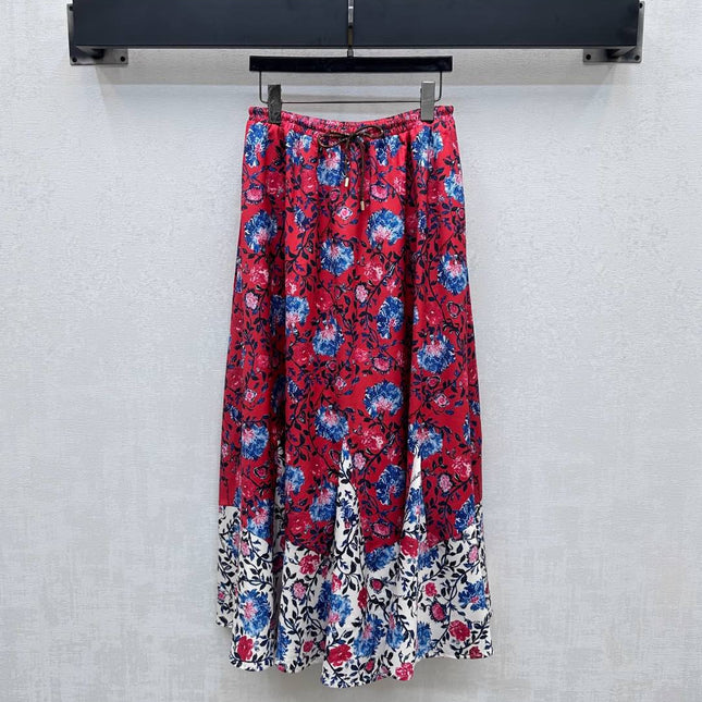 LV FLORAL SILK SKIRT IN RED