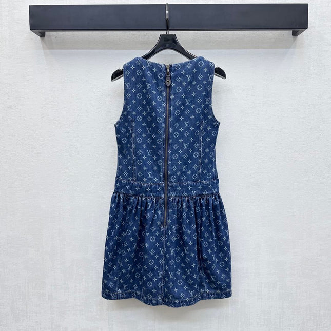LV DENIM SLEEVELESS ROUND-NECK DENIM BLAZER DRESS 274793