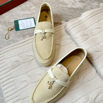 SUMMER WALK LOAFERS BEIGE SUEDE GOLD PADLOCK CHARM
