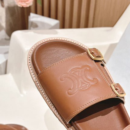 FLAT SANDALS IN RUST BROWN TRIOMPHE EMBOSSED SMOOTH CALFSKIN