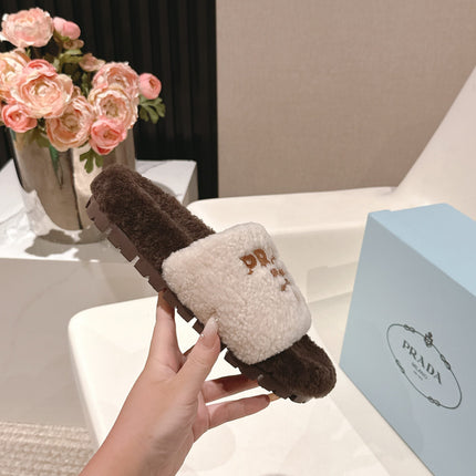 PRADA 25S FLAT MULES IN WHITE AND DARK BROWN RABBIT FUR
