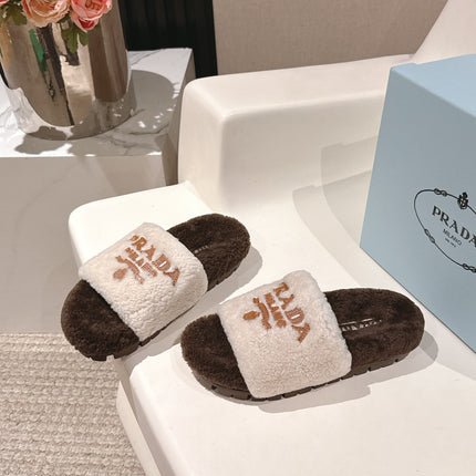 PRADA 25S FLAT MULES IN WHITE AND DARK BROWN RABBIT FUR