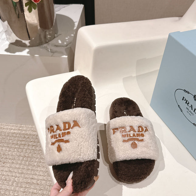 PRADA 25S FLAT MULES IN WHITE AND DARK BROWN RABBIT FUR