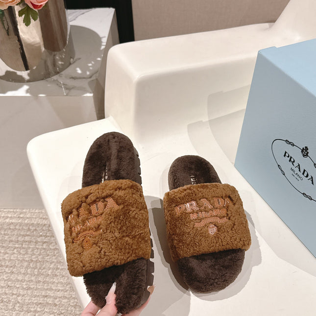 PRADA 25S FLAT MULES IN DARK BROWN RABBIT FUR