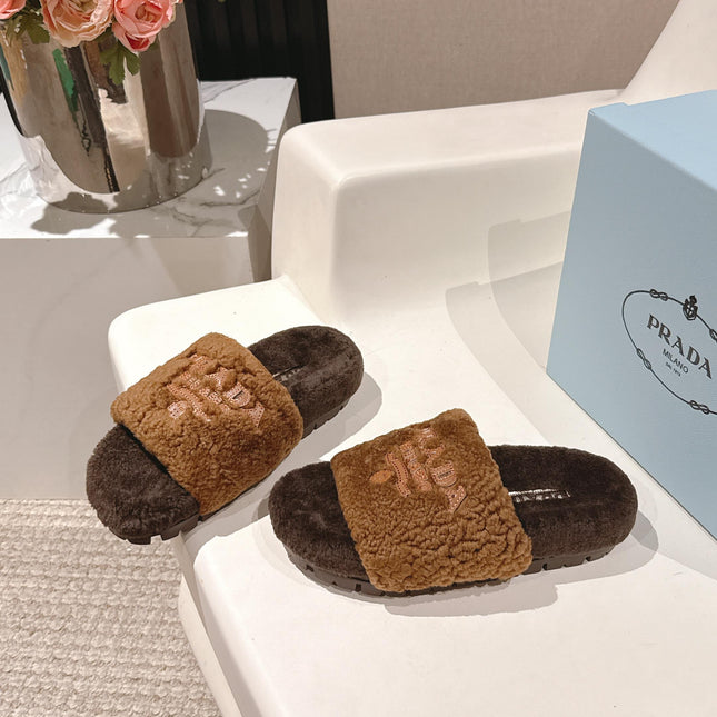 PRADA 25S FLAT MULES IN DARK BROWN RABBIT FUR