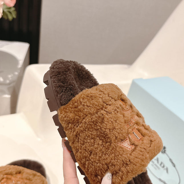 PRADA 25S FLAT MULES IN DARK BROWN RABBIT FUR