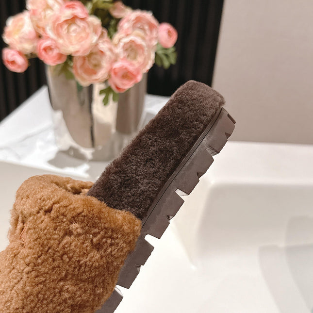 PRADA 25S FLAT MULES IN DARK BROWN RABBIT FUR