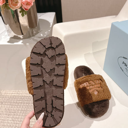 PRADA 25S FLAT MULES IN DARK BROWN RABBIT FUR