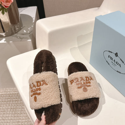 PRADA 25S FLAT MULES IN CREAM AND DARK BROWN RABBIT FUR