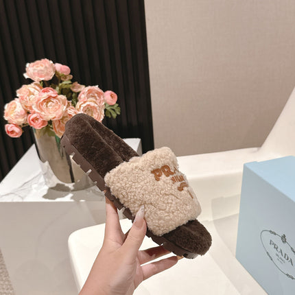 PRADA 25S FLAT MULES IN CREAM AND DARK BROWN RABBIT FUR