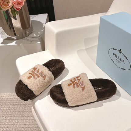 PRADA 25S FLAT MULES IN CREAM AND DARK BROWN RABBIT FUR