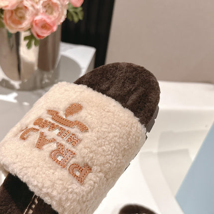 PRADA 25S FLAT MULES IN CREAM AND DARK BROWN RABBIT FUR