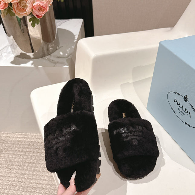 PRADA 25S FLAT MULES IN BLACK RABBIT FUR