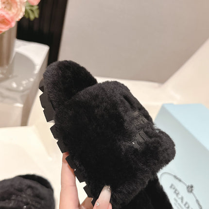 PRADA 25S FLAT MULES IN BLACK RABBIT FUR
