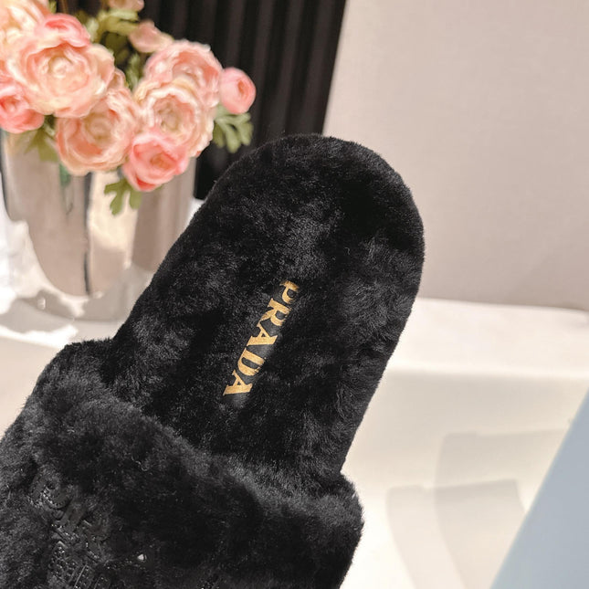 PRADA 25S FLAT MULES IN BLACK RABBIT FUR