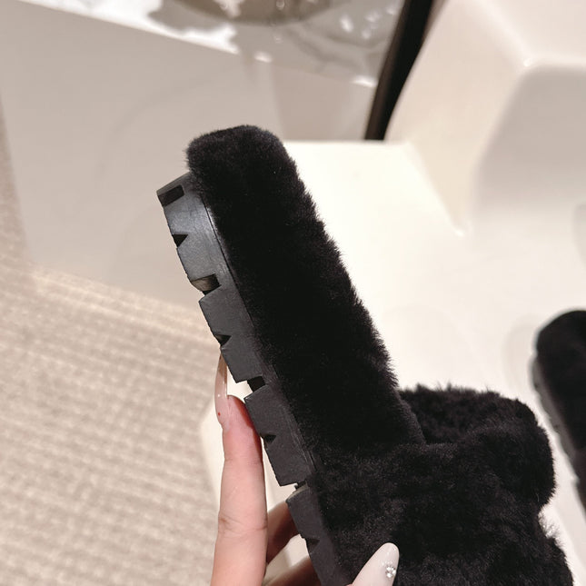 PRADA 25S FLAT MULES IN BLACK RABBIT FUR