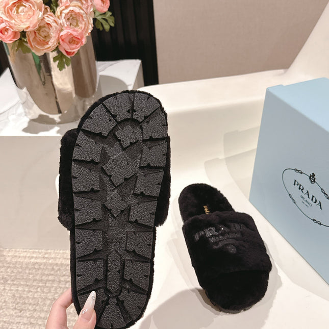 PRADA 25S FLAT MULES IN BLACK RABBIT FUR