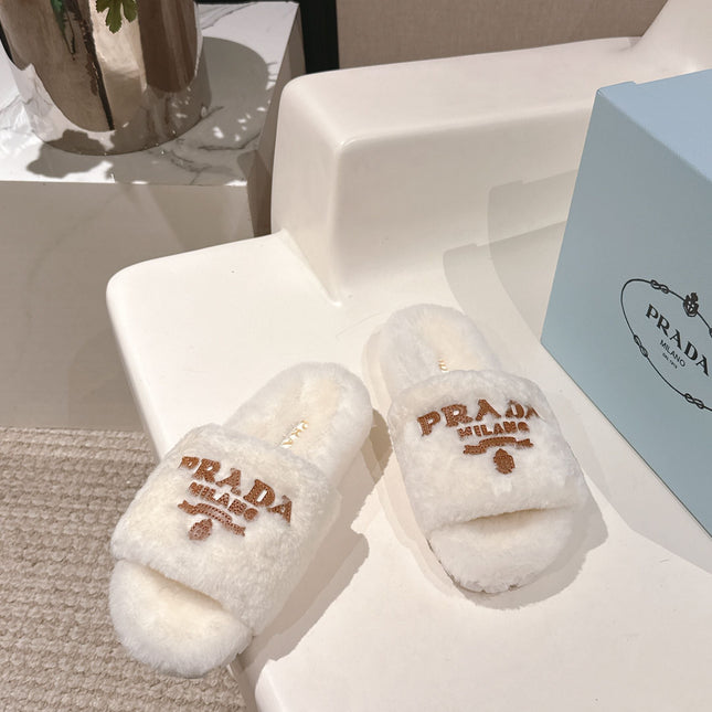 PRADA 25S FLAT MULES IN WHITE RABBIT FUR