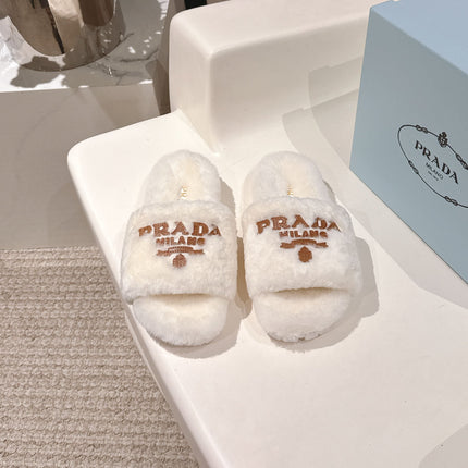 PRADA 25S FLAT MULES IN WHITE RABBIT FUR