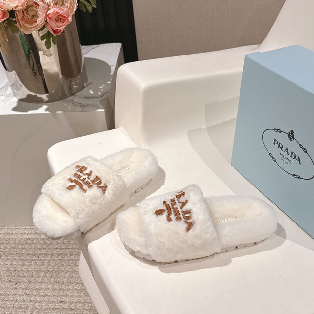 PRADA 25S FLAT MULES IN WHITE RABBIT FUR
