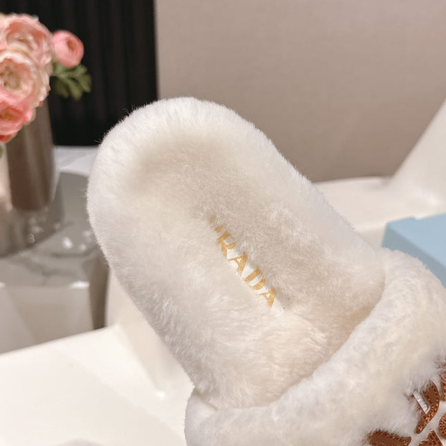 PRADA 25S FLAT MULES IN WHITE RABBIT FUR