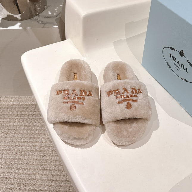 PRADA 25S FLAT MULES IN WARM TAUPE RABBIT FUR