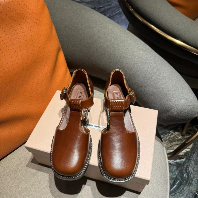Square Toe Thick Heel Retro Mary Jane Shoes Chestnut Calfskin