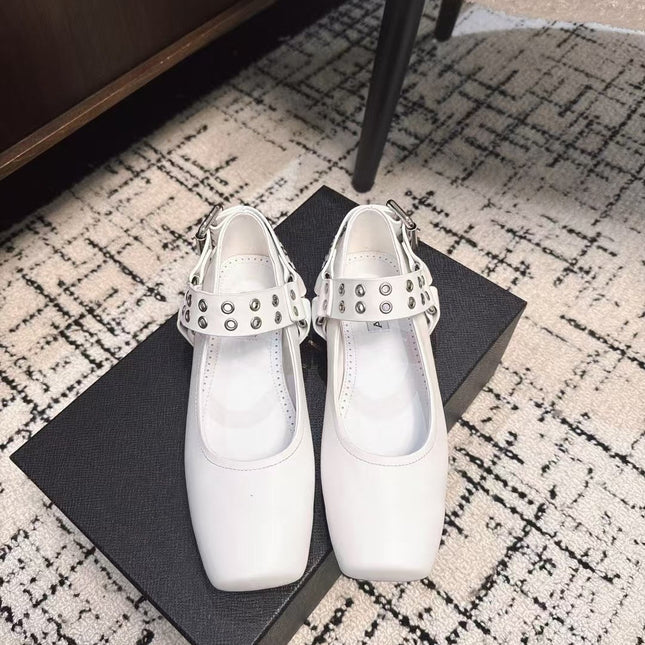 BIKER BALLET FLATS IN WHITE CALFSKIN