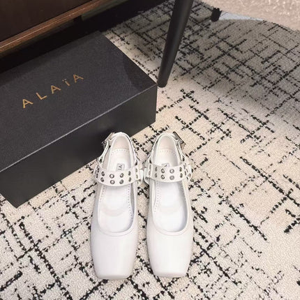 BIKER BALLET FLATS IN WHITE CALFSKIN