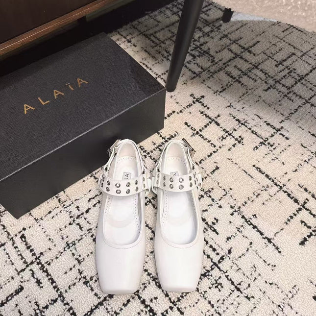 BIKER BALLET FLATS IN WHITE CALFSKIN