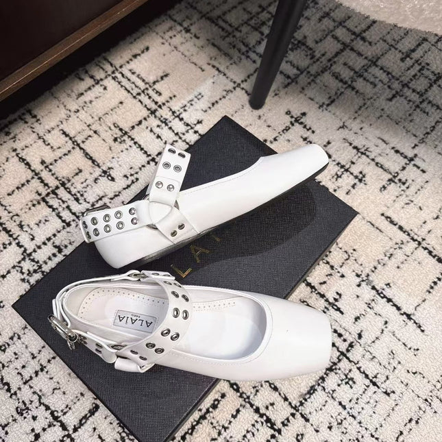BIKER BALLET FLATS IN WHITE CALFSKIN