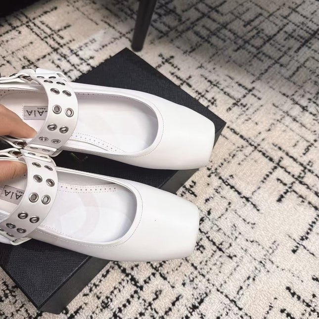 BIKER BALLET FLATS IN WHITE CALFSKIN