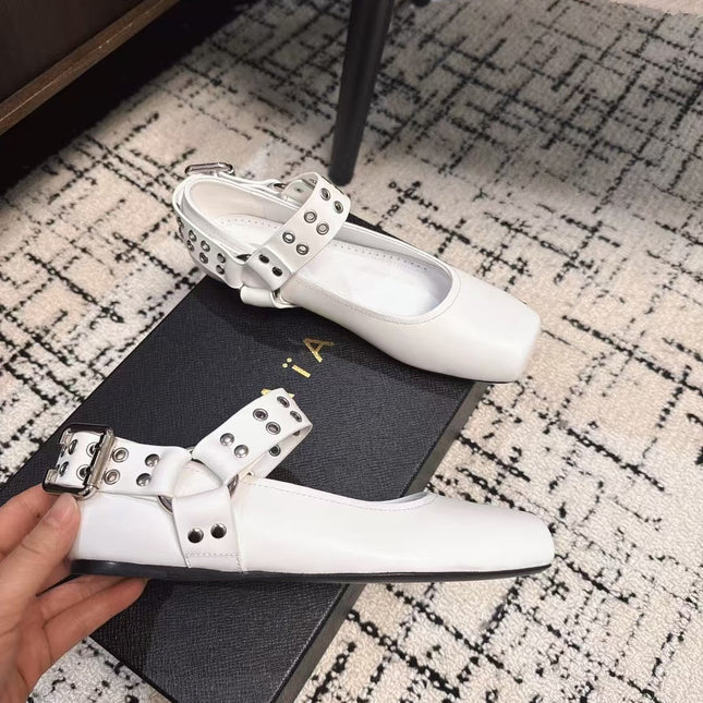 BIKER BALLET FLATS IN WHITE CALFSKIN