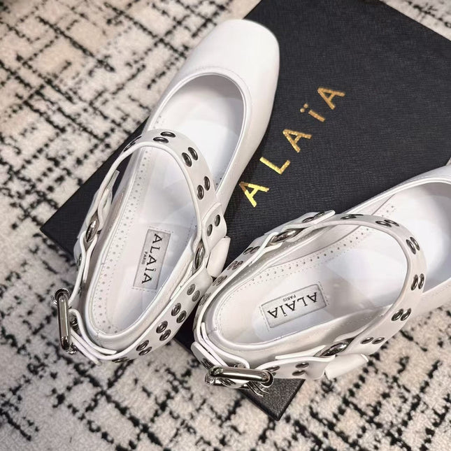 BIKER BALLET FLATS IN WHITE CALFSKIN