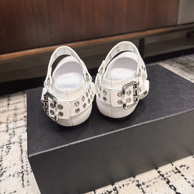 BIKER BALLET FLATS IN WHITE CALFSKIN
