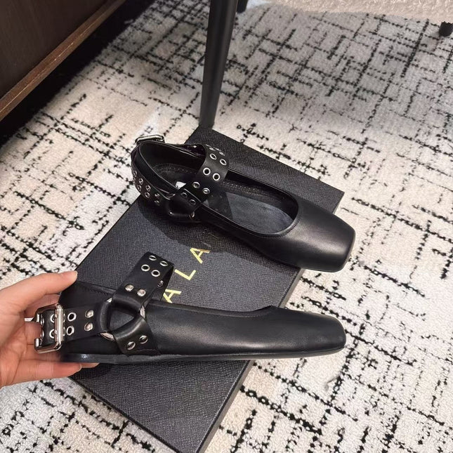 BIKER BALLET FLATS IN BLACK CALFSKIN