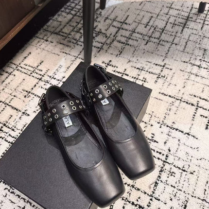 BIKER BALLET FLATS IN BLACK CALFSKIN