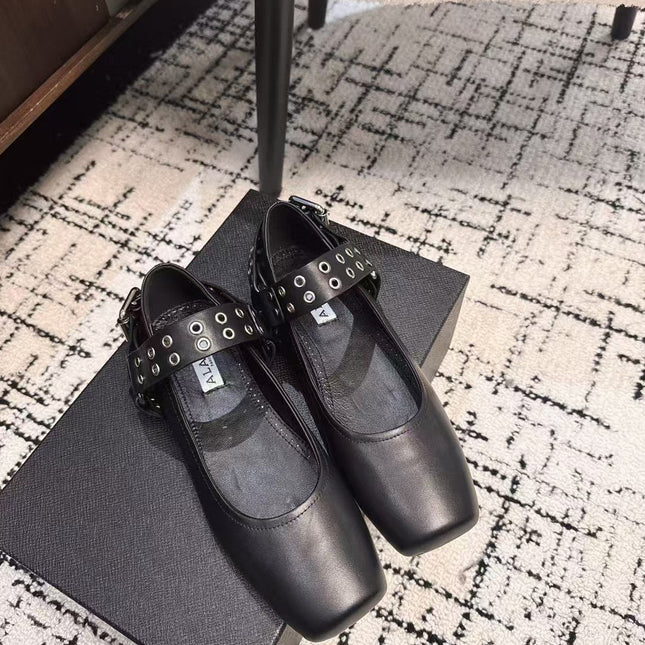 BIKER BALLET FLATS IN BLACK CALFSKIN
