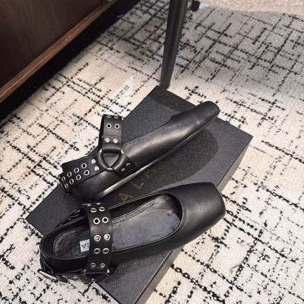 BIKER BALLET FLATS IN BLACK CALFSKIN
