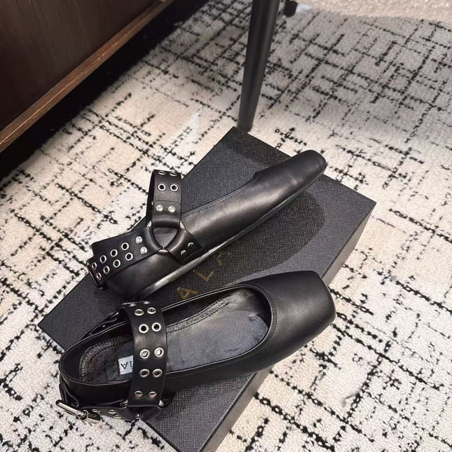 BIKER BALLET FLATS IN BLACK CALFSKIN
