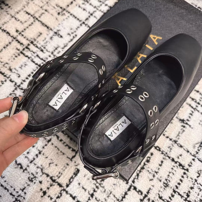 BIKER BALLET FLATS IN BLACK CALFSKIN