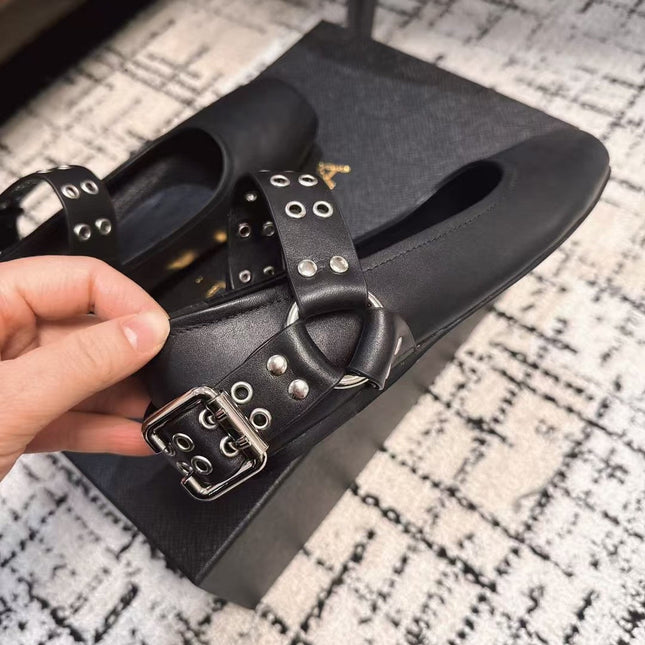 BIKER BALLET FLATS IN BLACK CALFSKIN
