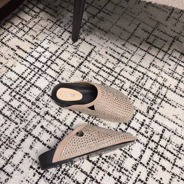 FLAT MULE IN LIGHT BROWN SUEDE WITH CRYSTALS