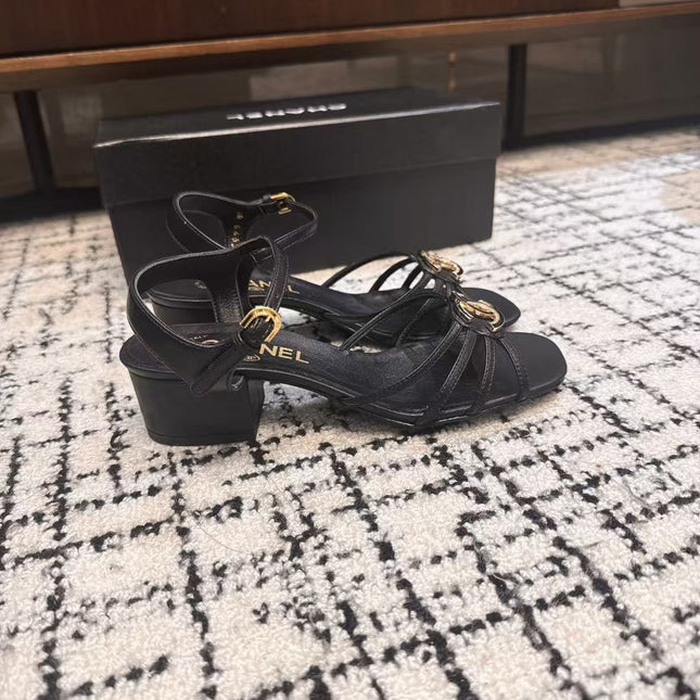 MID HEEL SANDALS IN BLACK LAMBSKIN