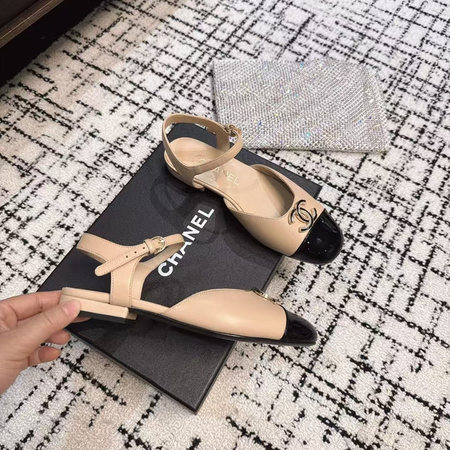 FLAT SLINGBACKS IN MACAROON BEIGE MIX BLACK CALFSKIN