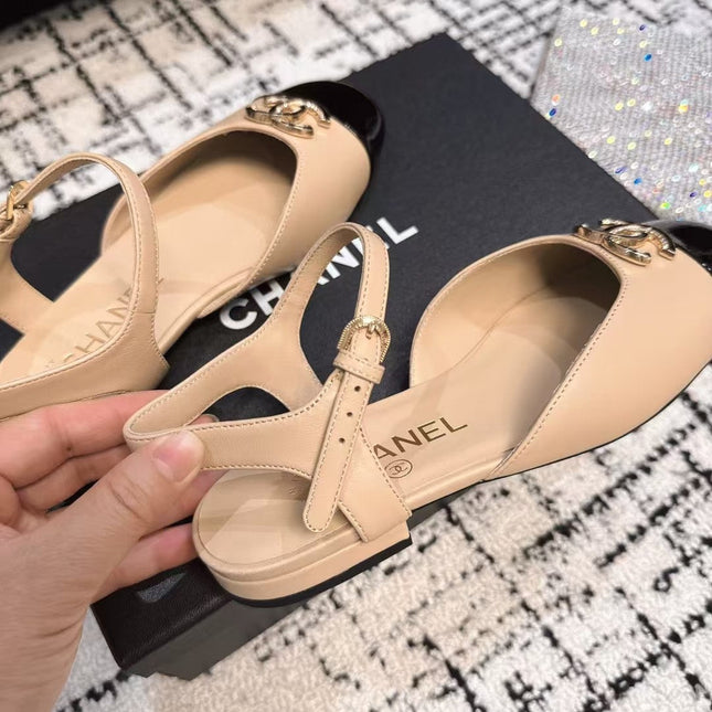 FLAT SLINGBACKS IN MACAROON BEIGE MIX BLACK CALFSKIN