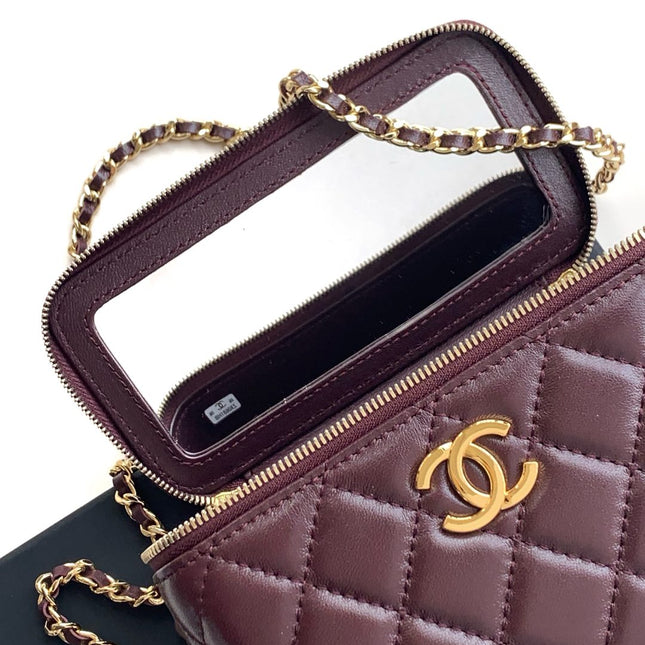 SMALL VANITY CASE WITH HANDLE 17 IN WINE RED LAMBSKIN GOLD HARDWARE