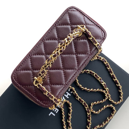 SMALL VANITY CASE WITH HANDLE 17 IN WINE RED LAMBSKIN GOLD HARDWARE